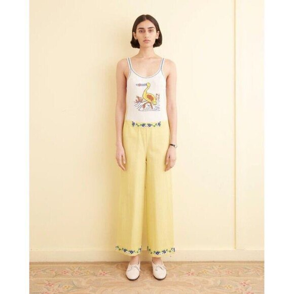 BodeBeaded Chicory Pants Floral Embellished Pull-on Yellow Cotton L NEW 270057